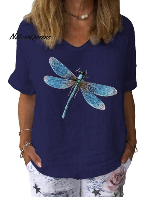 Women’s Dragonfly Art Print Cotton & Linen Casual Top Dark Blue / S