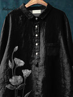 Ink And Wash Style Floral Printed Women's Casual Cotton And Linen Shirt