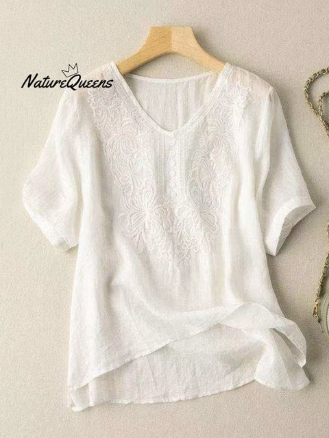 Women's Cotton And Linen Short Sleeve Embroidery Blouse