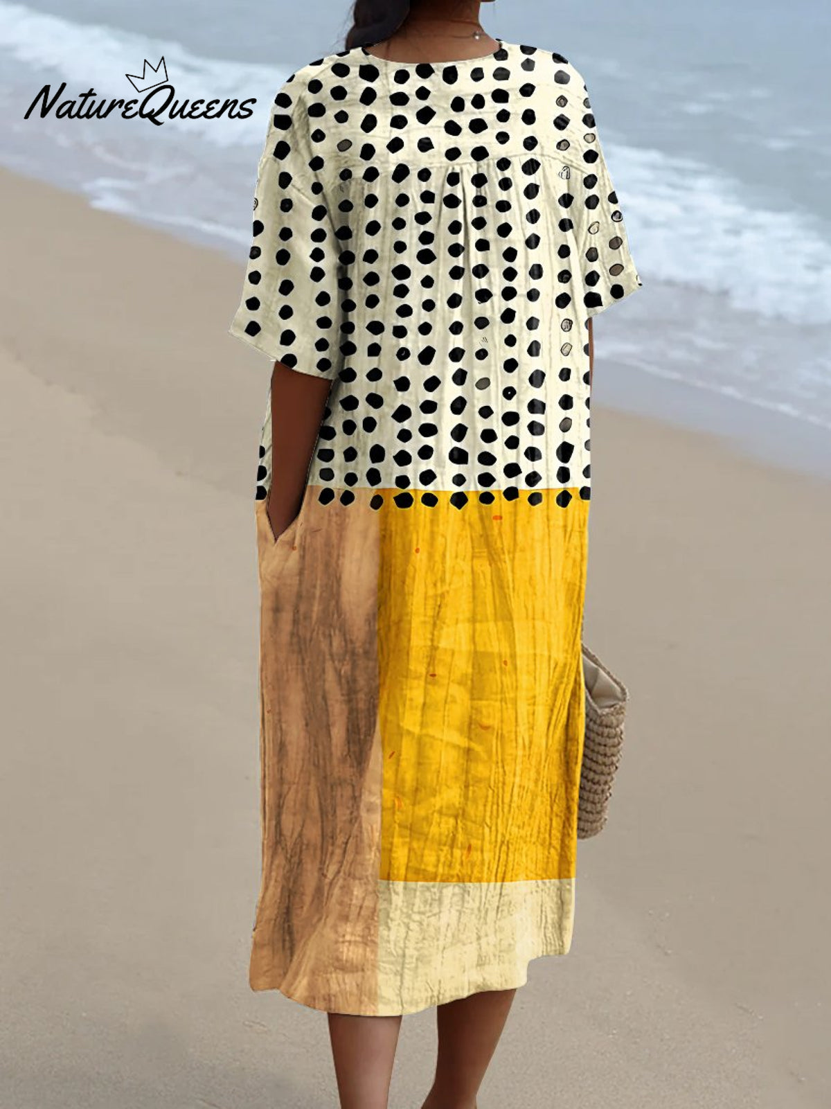 Women's Yellow Color-blocked Dots Watercolor Splash Fluid Art Print Flowy Dress