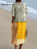 Women's Yellow Color-blocked Dots Watercolor Splash Fluid Art Print Flowy Dress