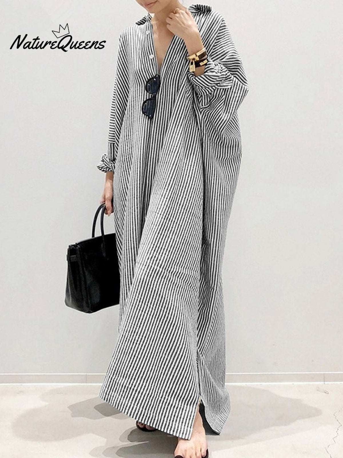 Women’s Elegant Cotton Linen Striped Cardigan Loose Casual Irregular Dress Black / S