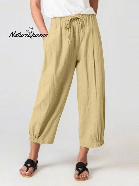 Women’s Slacks With Cotton And Linen Drawstring Pockets Khaki / S