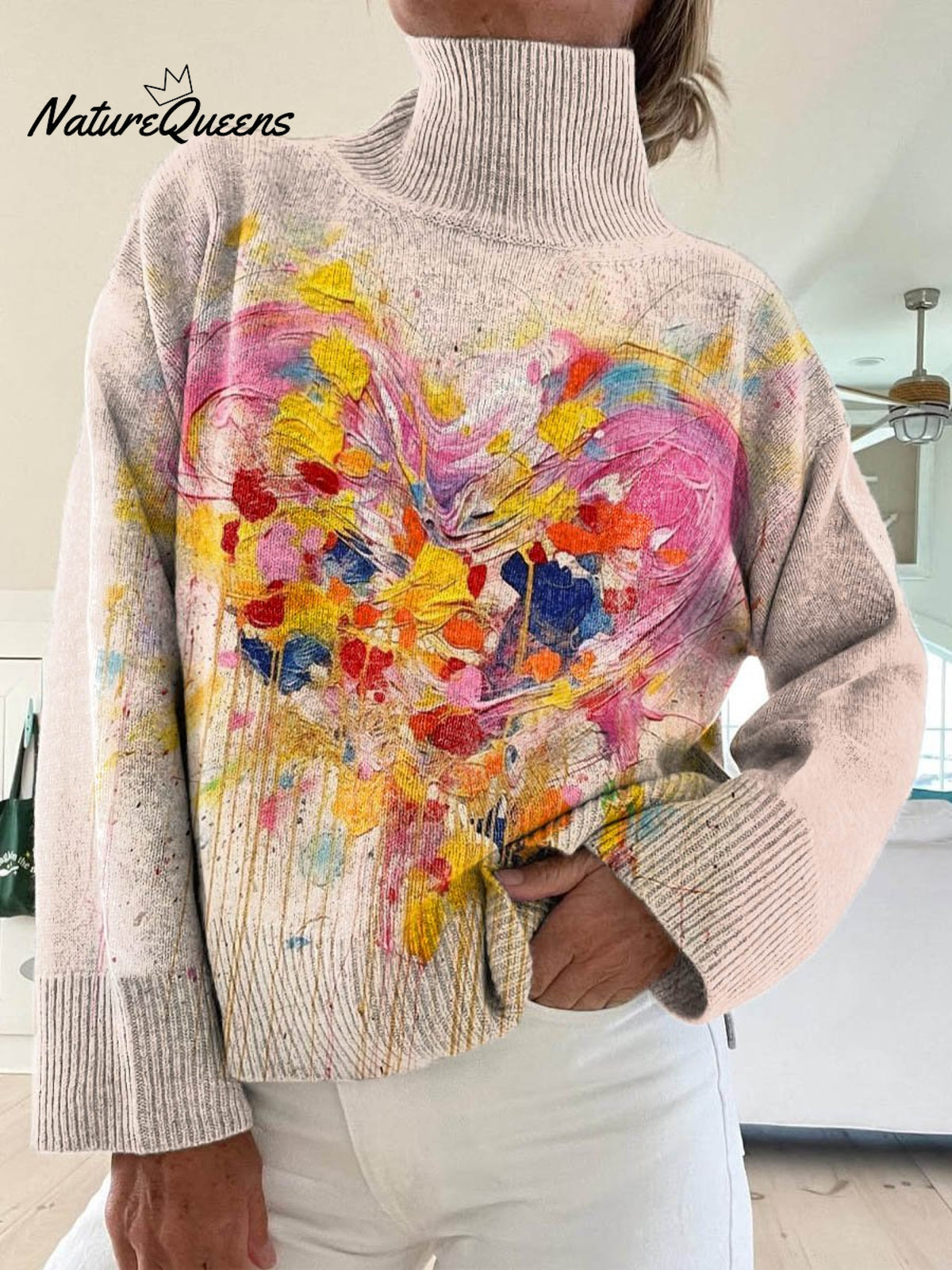 Valentine's Day Love Art Print Knit Turtleneck Pullover Sweater