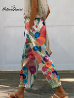 Oil Painting Summer Floral Art Printed Women's 100%Cotton Casual Pants