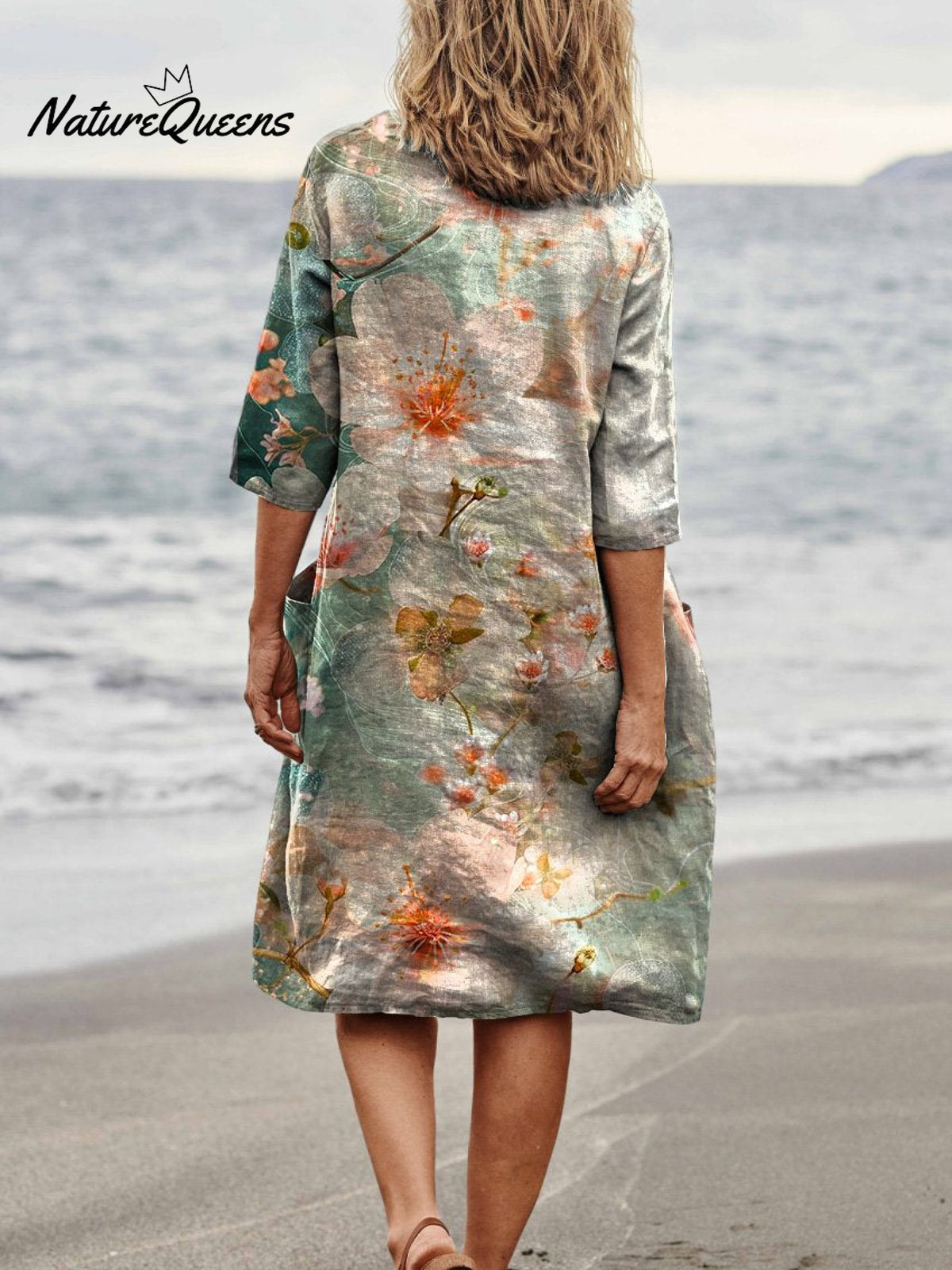 Spring Cherry Blossom Floral Close - Up View Art Women’s Linen Pocket Tunic Dress