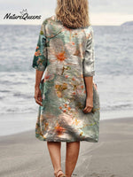 Spring Cherry Blossom Floral Close - Up View Art Women’s Linen Pocket Tunic Dress