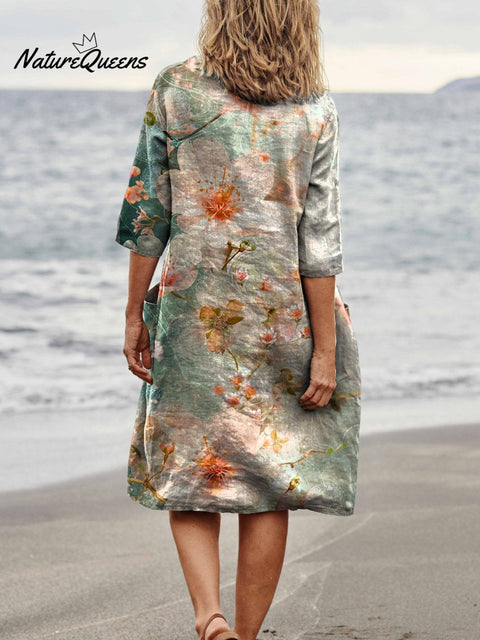 Spring Cherry Blossom Floral Close - Up View Art Women’s Linen Pocket Tunic Dress