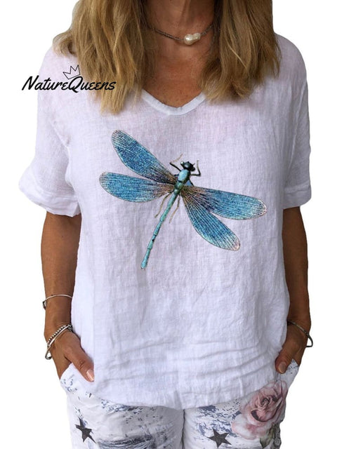 Women’s Dragonfly Art Print Cotton & Linen Casual Top White / S