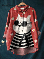 Cat In Sunglasses Graphic Printed Women's Casual Cotton And Linen Shirt