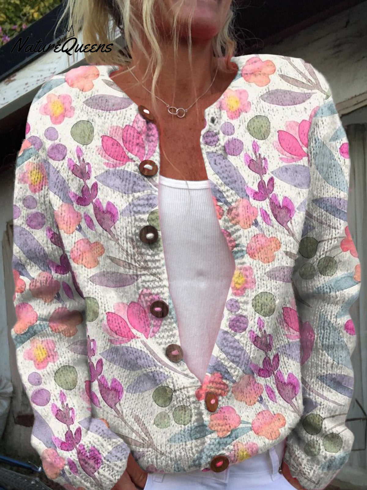 Fresh Pink Flowers Print Buttoned Cardigan Sweater