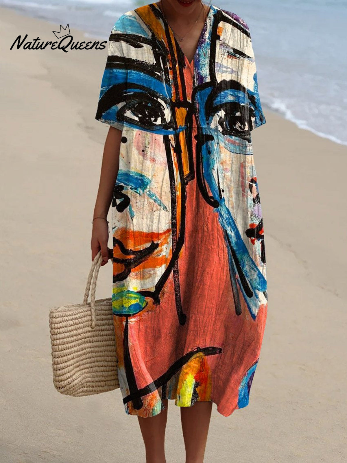 Women's Vintage Funny Abstract Figure Art Print Flowy Dress