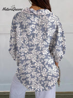 Women's Silhouette White Floral Print On Blue Print Casual Linen V-neck Shirt