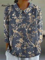 Women’s Art Print Casual Cotton And Linen 3/4 Sleeve Shirt Multicolor / S