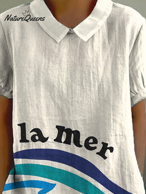 Simple Sea Letter And Graphic Printed Women's Casual Cotton And Linen Shirt