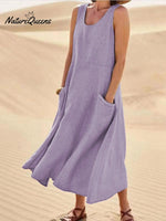 Women Sleeveless Sundress Elegant Round Neck Cotton Linen Solid Long Tank Casual Summer Dress