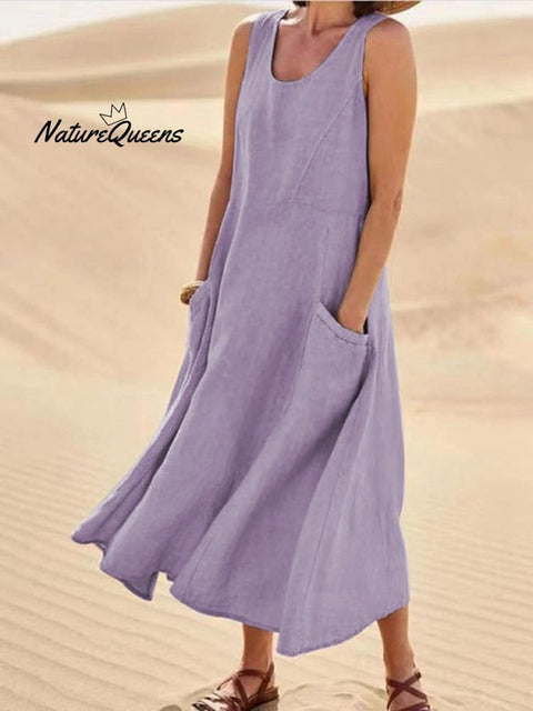 Women Sleeveless Sundress Elegant Round Neck Cotton Linen Solid Long Tank Casual Summer Dress