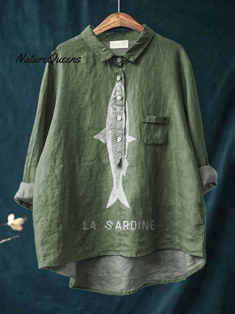 Sardine Fish Graphic Printed Women's Casual Cotton And Linen Shirt