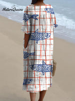 Women's Red Checkered Fish Watercolor Splash Fluid Art Print Flowy Dress