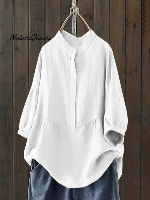 Women's Single Breasted Solid Color Pullover Casual Loose Cotton And Linen Shirt