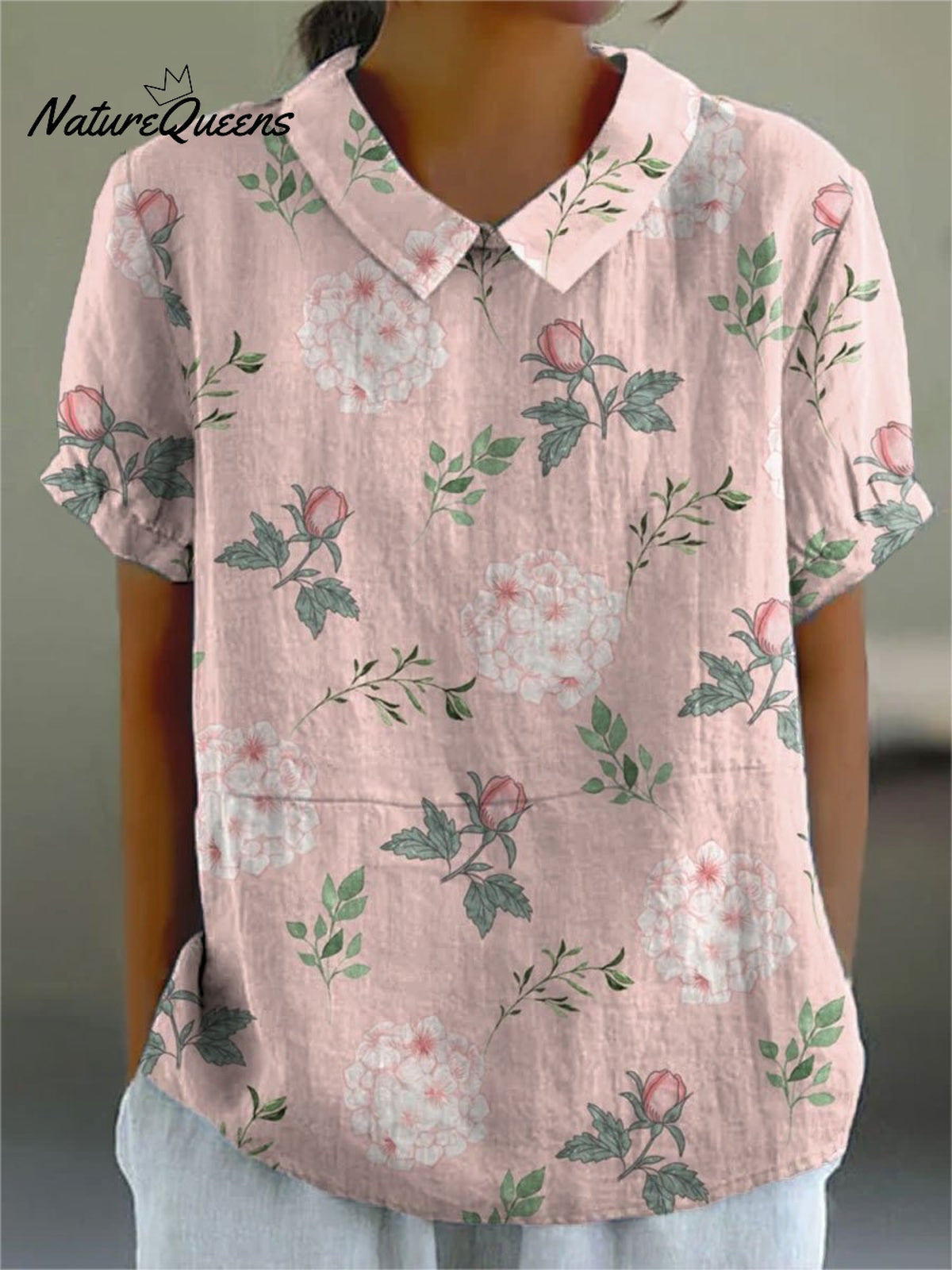 Women's Rose Flower Print Casual Cotton And Linen Shirt