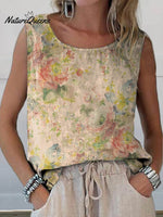 Women’s Retro Elegant Floral Art Print Casual Cotton And Linen Tank Top