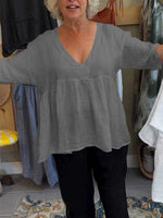 Women's Loose 3/4 Sleeve V-Neck Cotton and Linen Solid Color Shirt