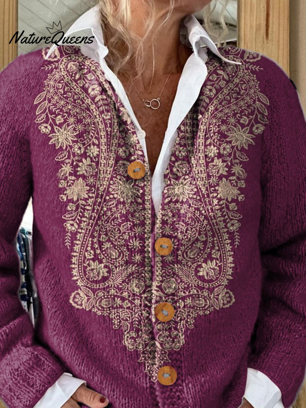 Ethnic Style Floral Pattern Printed Buttoned Cardigan Sweater