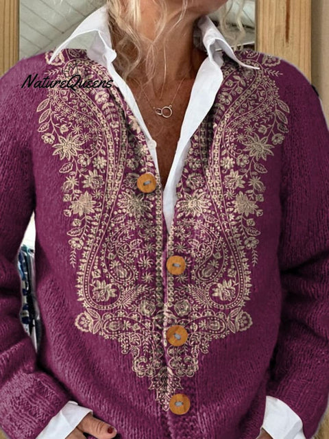 Ethnic Style Floral Pattern Printed Buttoned Cardigan Sweater