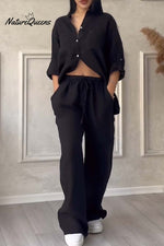 Casual solid color cotton and linen pants two-piece set