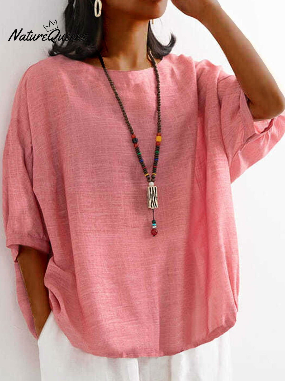 Women Solid Color Loose T-Shirt Pink / M
