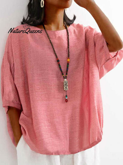 Women Solid Color Loose T-Shirt Pink / M