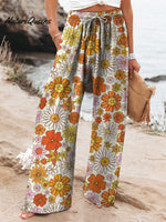 Retro Style Daisy And Chrysanthemum Repeat Pattern Printed Women’s Cotton Linen Casual Pants