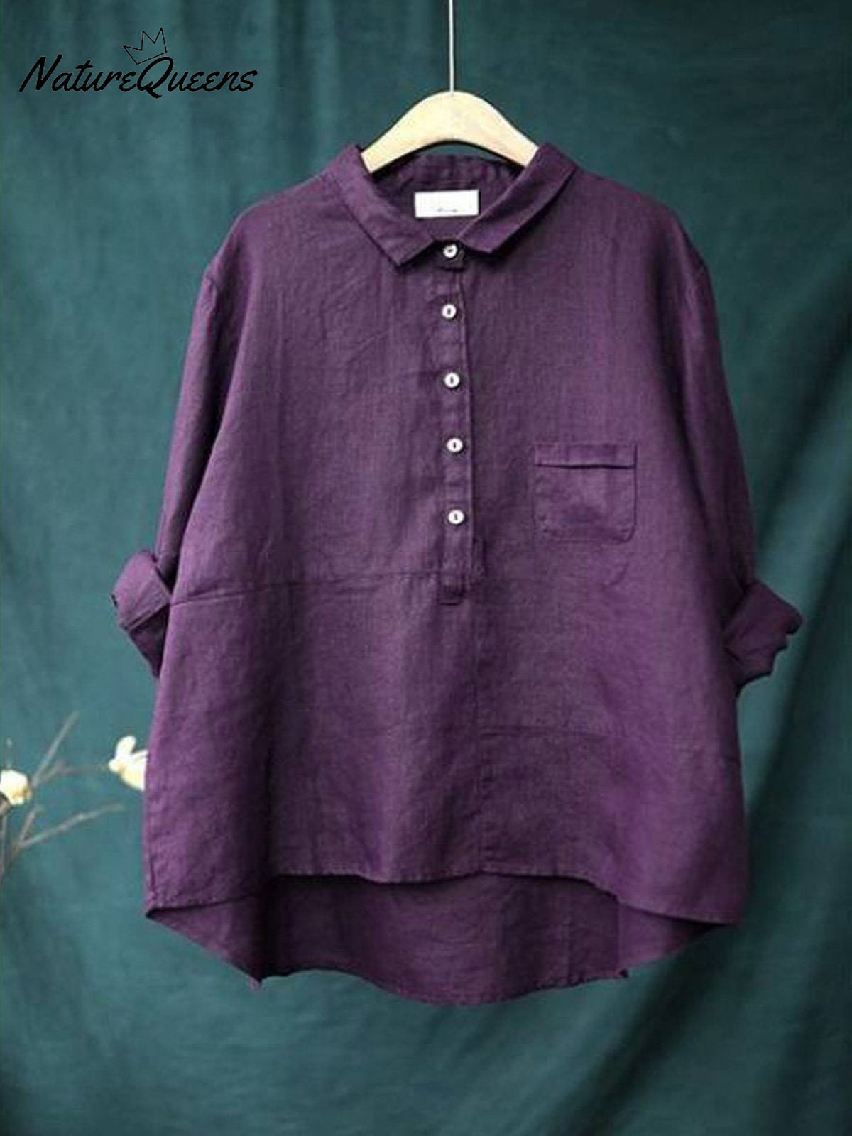 Women’s Lapel Neck Casual Solid Colour Cotton And Linen Long Sleeve Shirt Purple / M