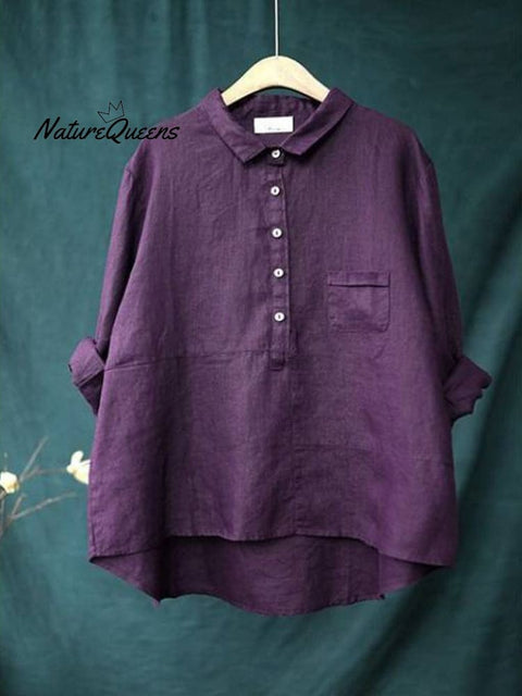 Women’s Lapel Neck Casual Solid Colour Cotton And Linen Long Sleeve Shirt Purple / M