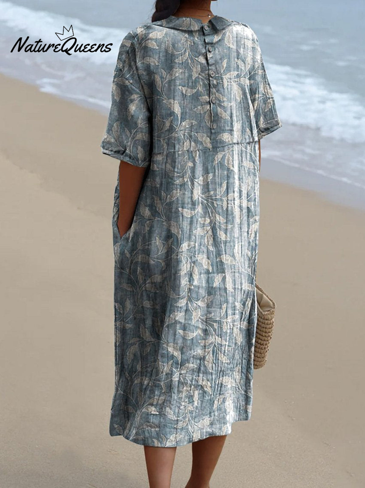 Spring Vines Pattern Printed Women’s Pocket Linen Dress (Convertible With Front And Back Option)