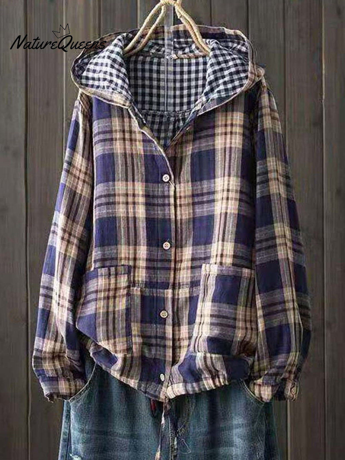 Women's Stylish Casual Hooded Double Layer Cotton Plaid Shirt