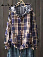 Women's Stylish Casual Hooded Double Layer Cotton Plaid Shirt