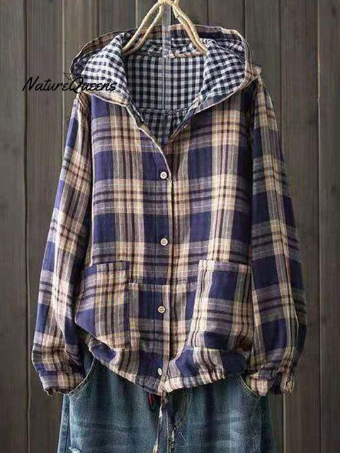 Women's Stylish Casual Hooded Double Layer Cotton Plaid Shirt