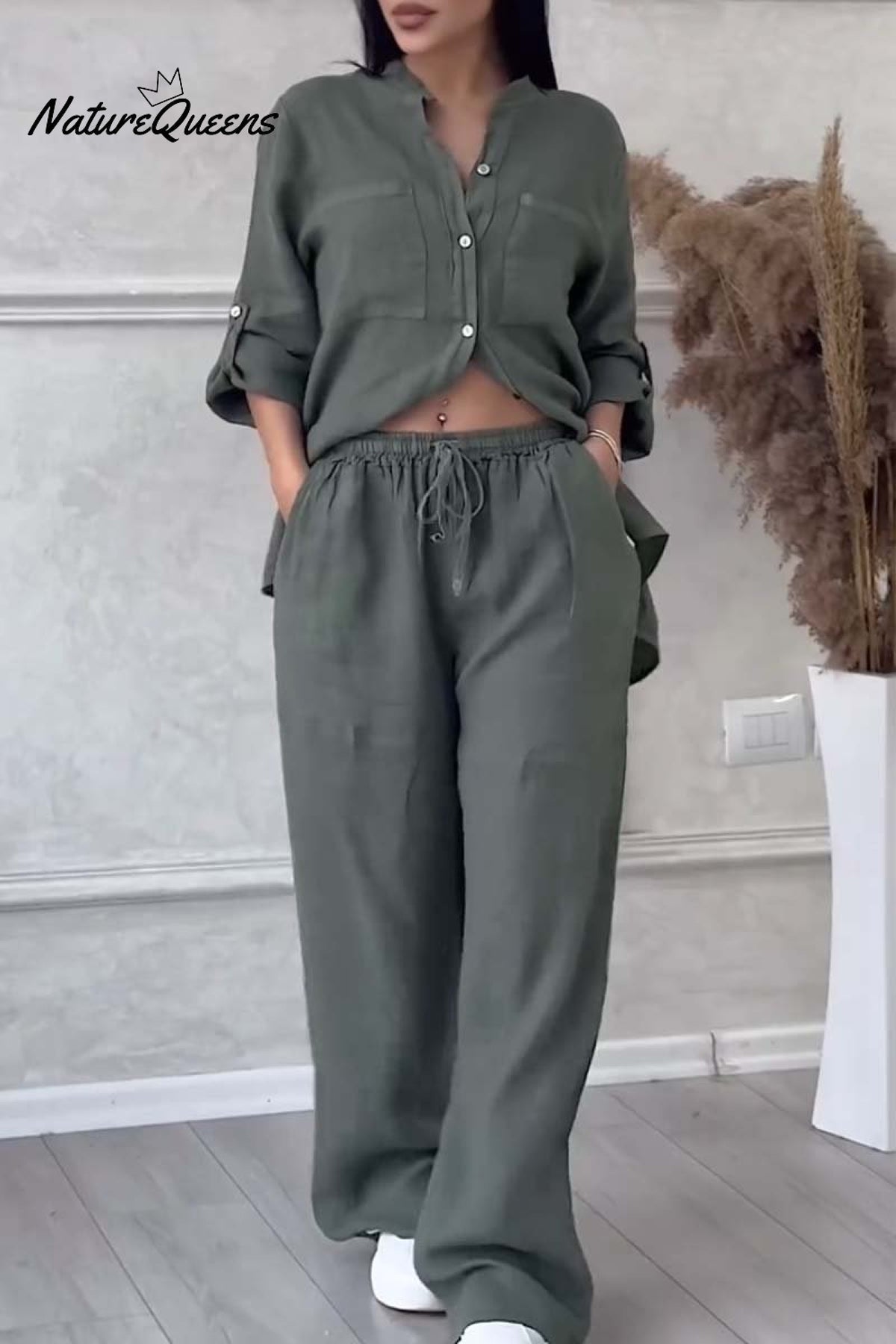 Casual solid color cotton and linen pants two-piece set