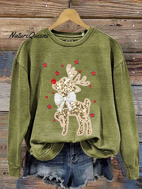 Retro Glitter REINDEER BOW Christmas Print  Casual  Sweatshirt