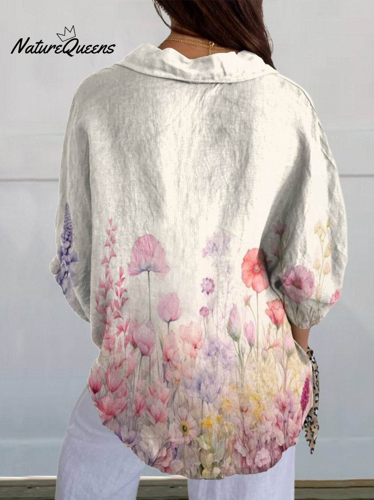 Women's Pink Floral Print On Hem Casual Linen V-neck Shirt