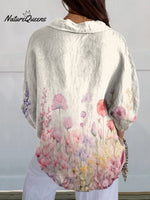 Women's Pink Floral Print On Hem Casual Linen V-neck Shirt