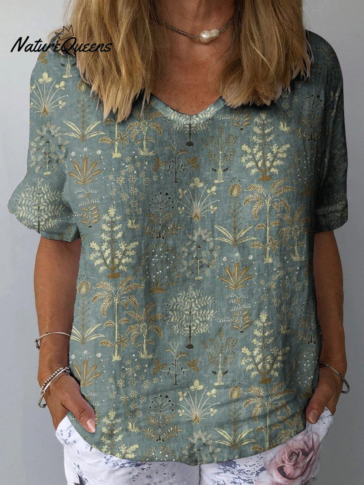 Woodland Vegetation Pattern Printed Women’s Casual Cotton And Linen Shirt Multicolor / S