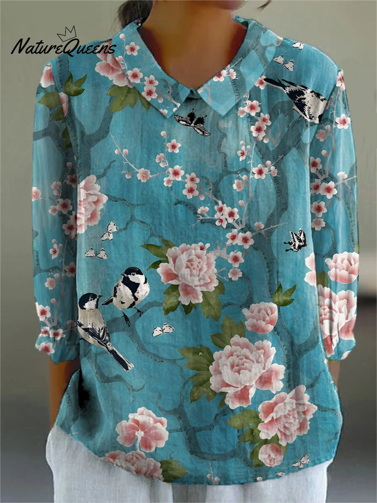 Women's Retro Floral Bird Art Print Casual Cotton And Linen 3/4 Sleeve Shirt