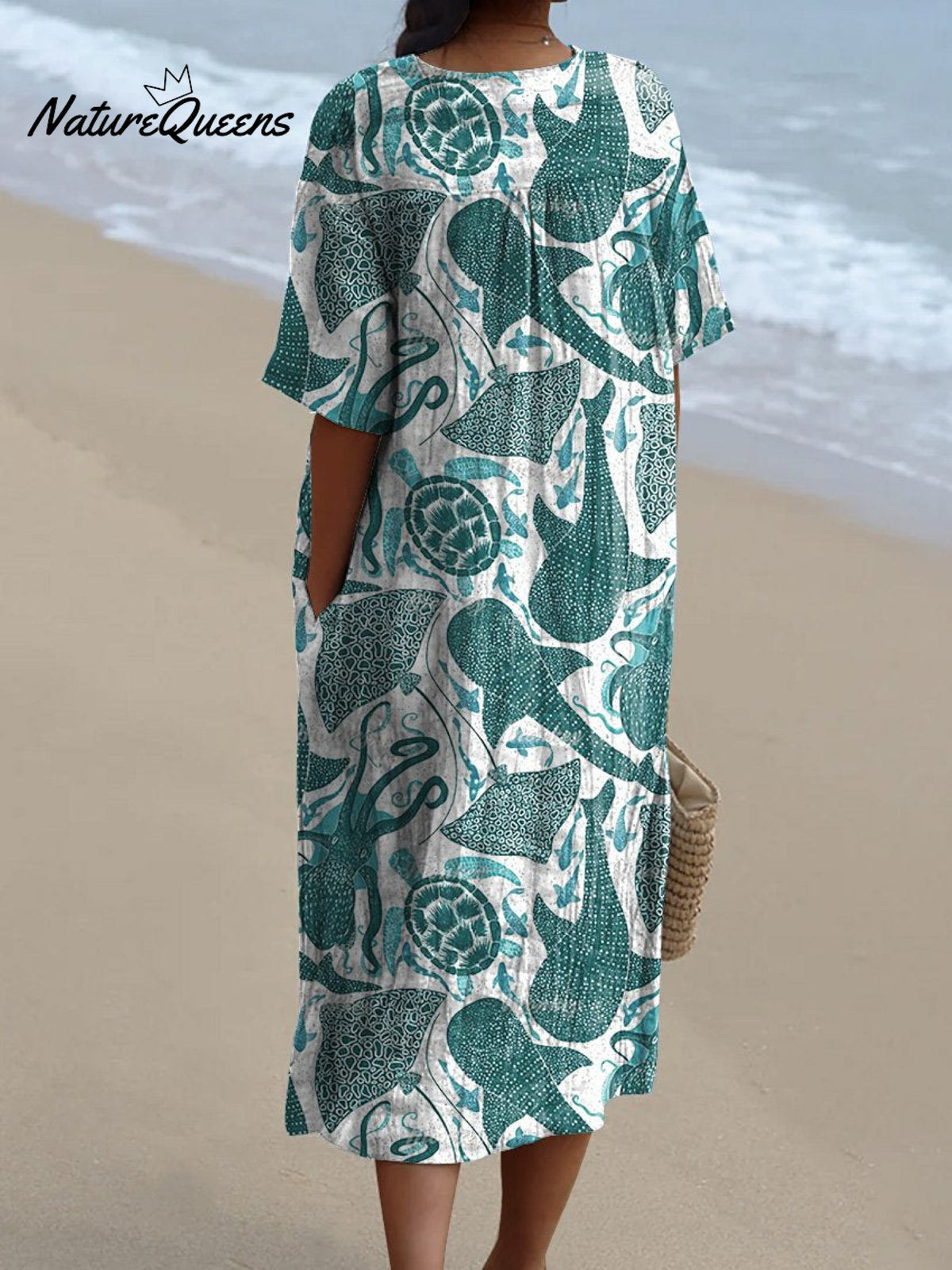 Vibrant Sea Creatures Pattern Printed Women's Flowy Dress