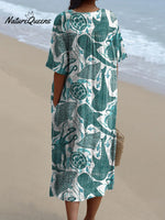Vibrant Sea Creatures Pattern Printed Women's Flowy Dress