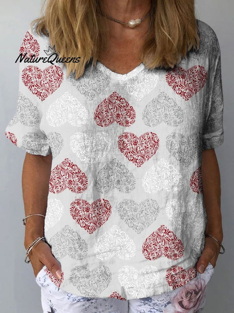 Women's Romantic Heart Art Print Casual Cotton And Linen Shirt
