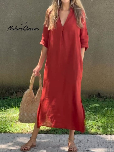 Women’s Solid Color V - Neck Linen Pocket Dress Red / S