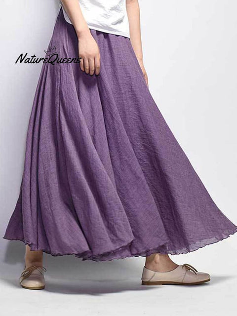 Women’s Cotton Linen Skirt Casual Elastic High Waist Pleated A-Line Beach Skirts Lavender / S